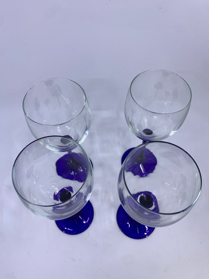 4 BLUE STEM WINE GLASSES.
