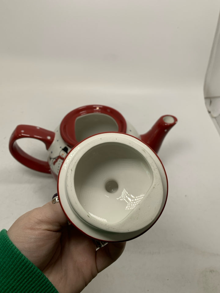 RED/WHITE POLKA DOTS ND SNOWMEN TEAPOT.