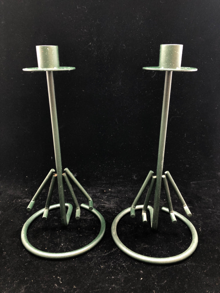 2 METAL GREEN TAPER CANDLE HOLDERS.
