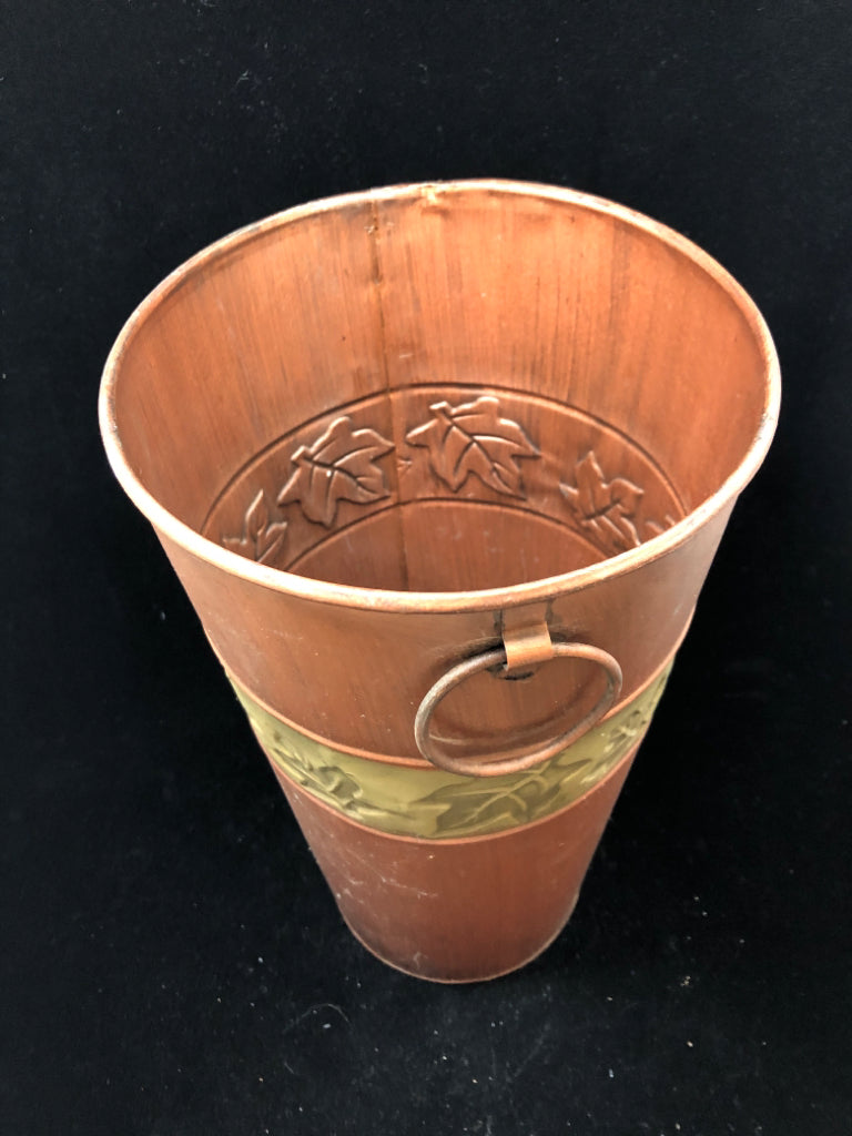 RED TIN FLOWER BUCKET W/EMBOSSED LEAVES.