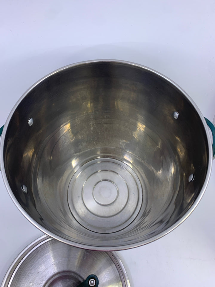 TALL SILVER ICE BUCKET WITH TEAL FAUX LEATHER STRAPS.