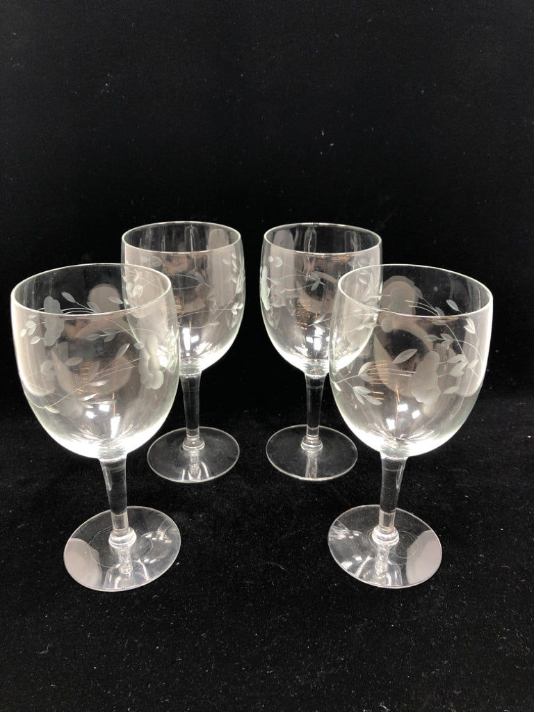 4 FLOWER ETCHED HERITAGE WINE GLASSES.