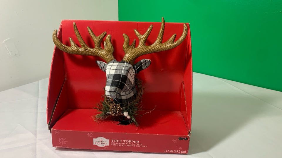 NIP REINDEER TREE TOPPER B/W PLAID.