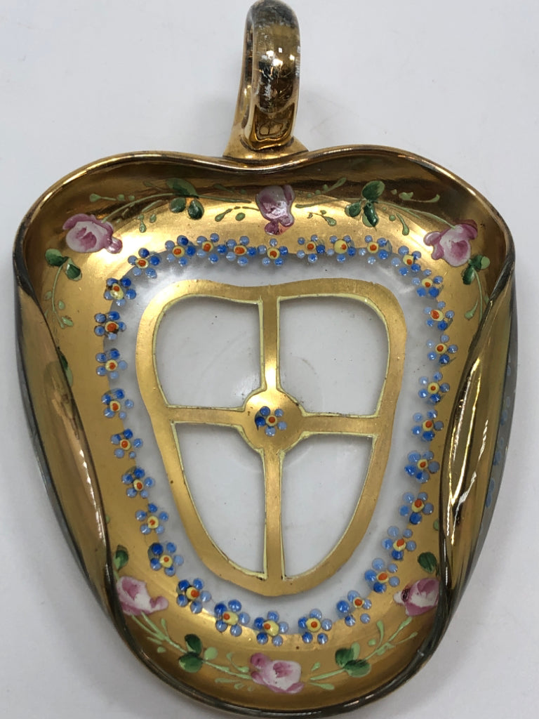 VTG GOLD CATCH ALL DISH W/PAINTED FLORALS.