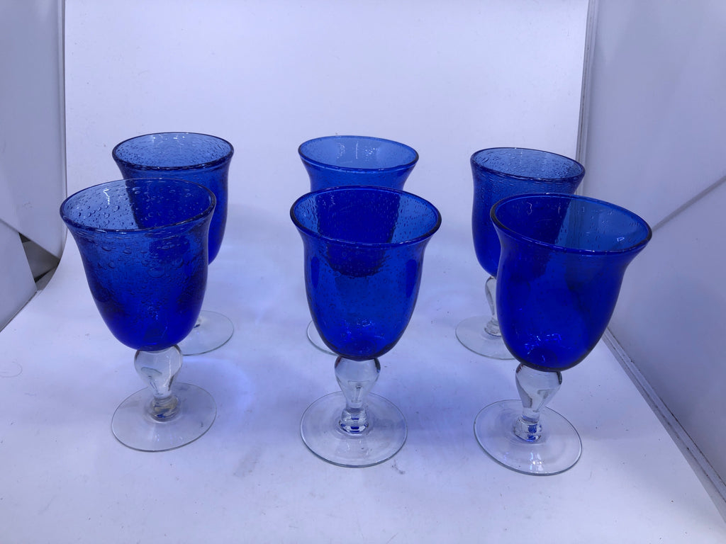 6 BLUE GLASS WINE GOBLETS.