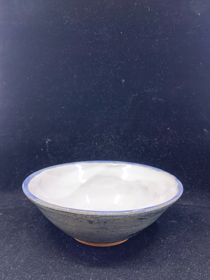 HEAVY POTTERY BOWL DARK GREY/BLUE WHITE INSIDE.