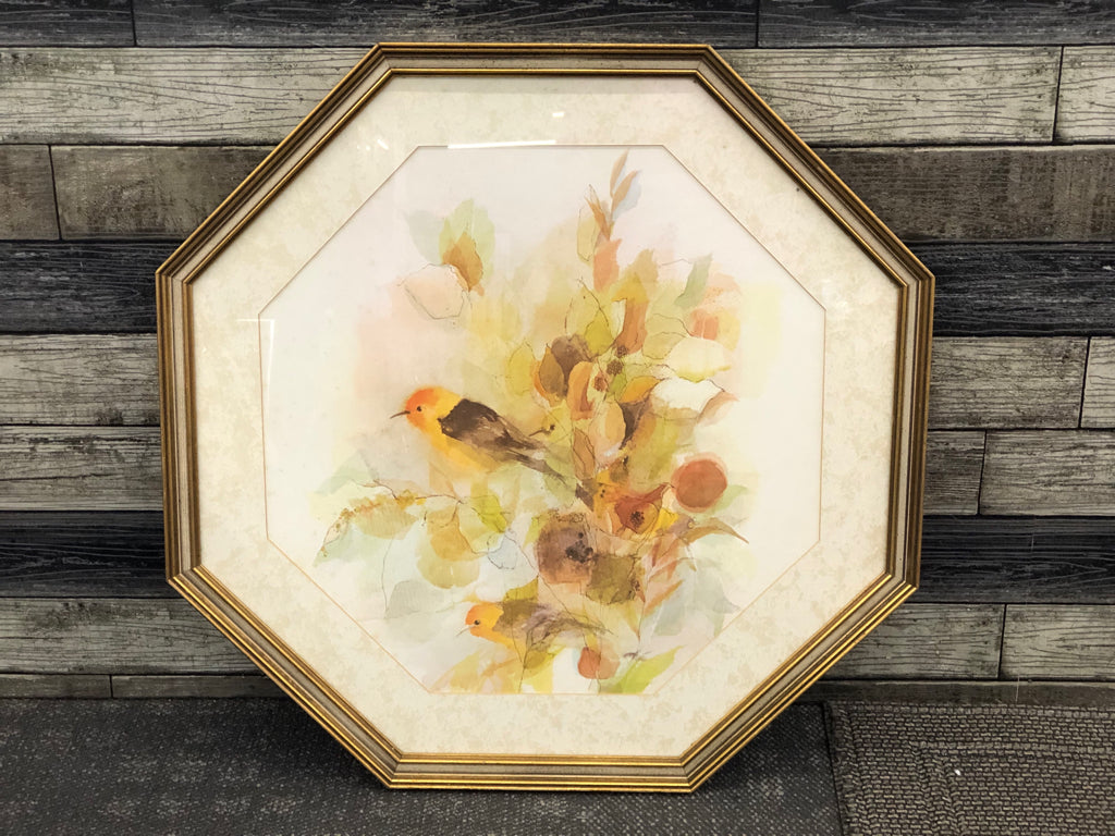 VTG ORANGE AND YELLOW WATER COLOR BIRDS ON BRANCHES IN GOLD OCTAGON FRAME.
