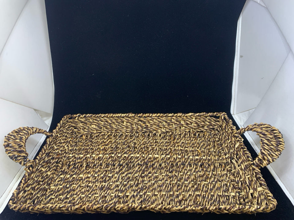 WOVEN WICKER TRAY W HANDLES.