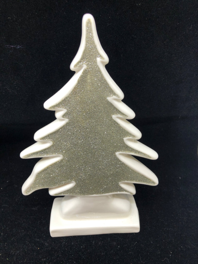 SMALL WHITE WITH SILVER SPARKLY TREE W/ WHITE BASE.