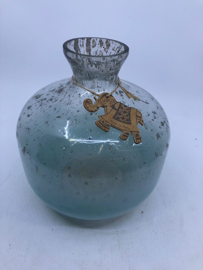 LIGHT BLUE/GREENISH TINT ROUND VASE NARROW NECK.