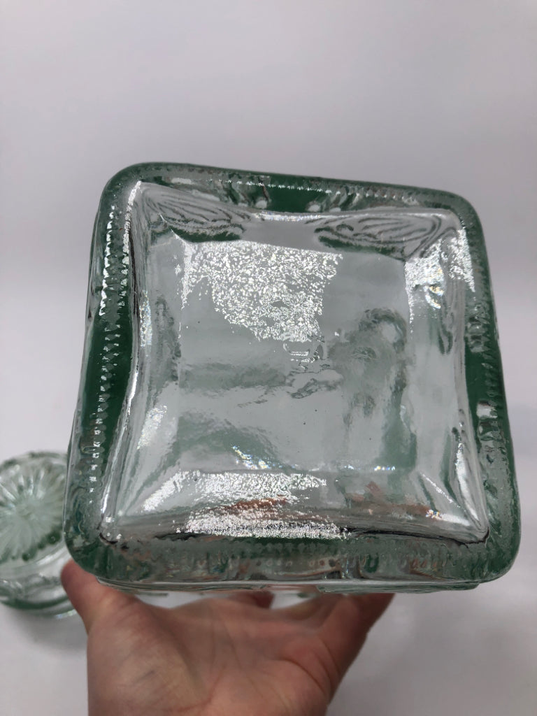ORNATE EMBOSSED GREEN GLASS CANISTER W/LID.