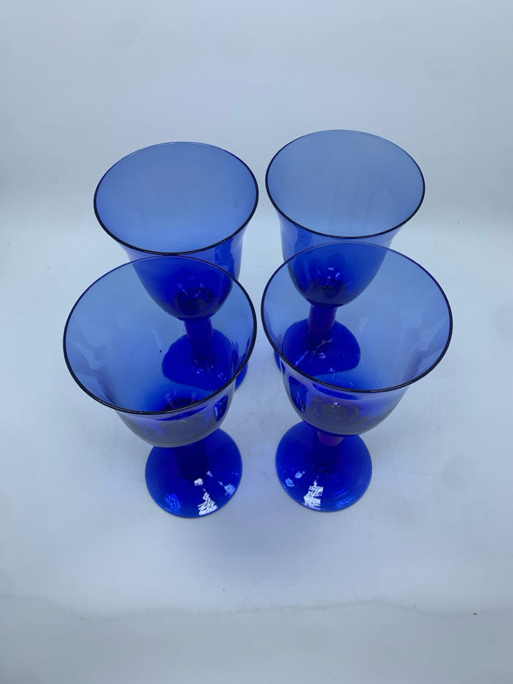 4 COBALT BLUE GLASS GOBLETS W/THICK STEMS.