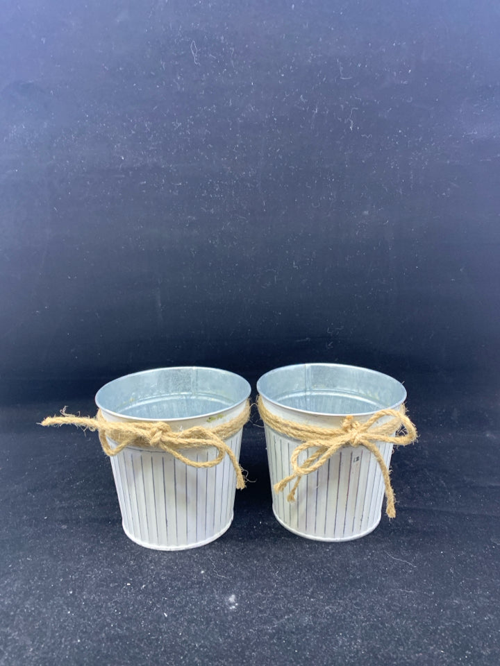 2 WHITE GALVANIZED METAL BUCKETS W TWINE.