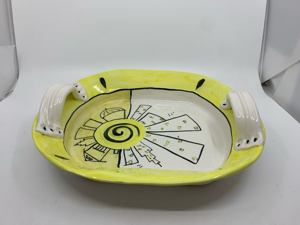 YELLOW BLACK AND WHITE CERAMIC TRAY W HANDLES.