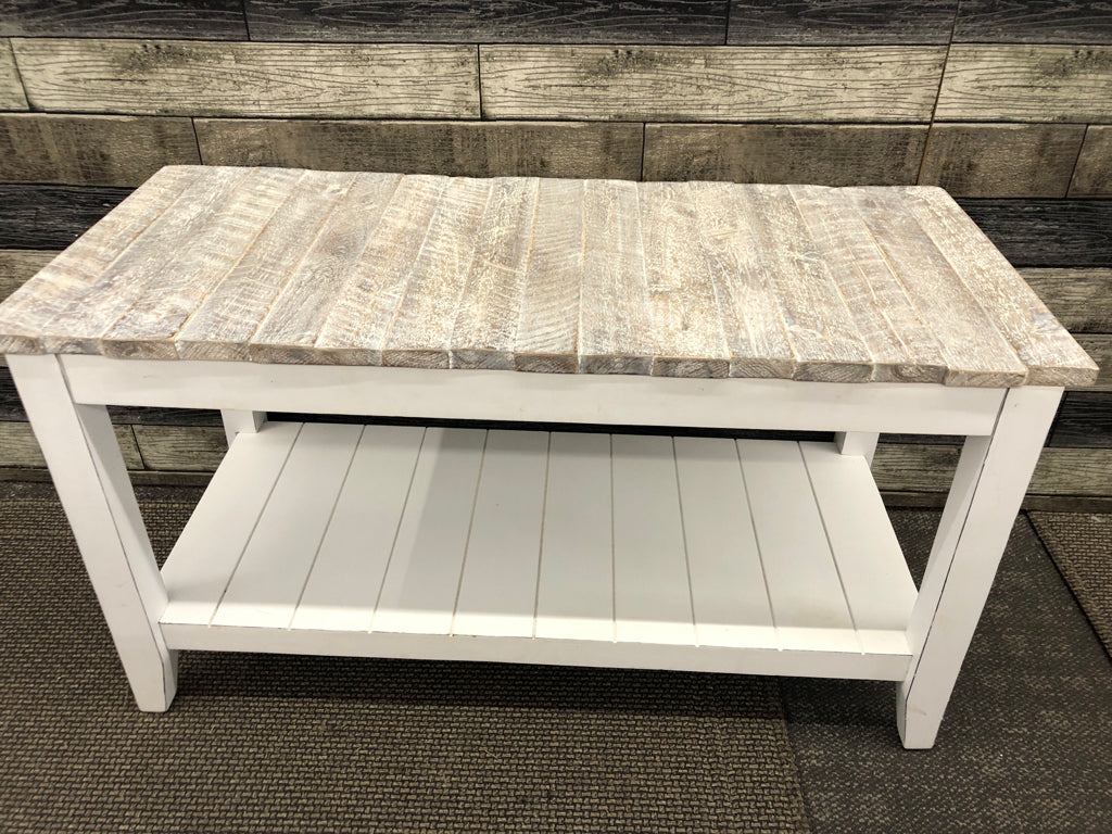 WHITE WASHED COFFEE TABLE W BOTTOM SHELF.