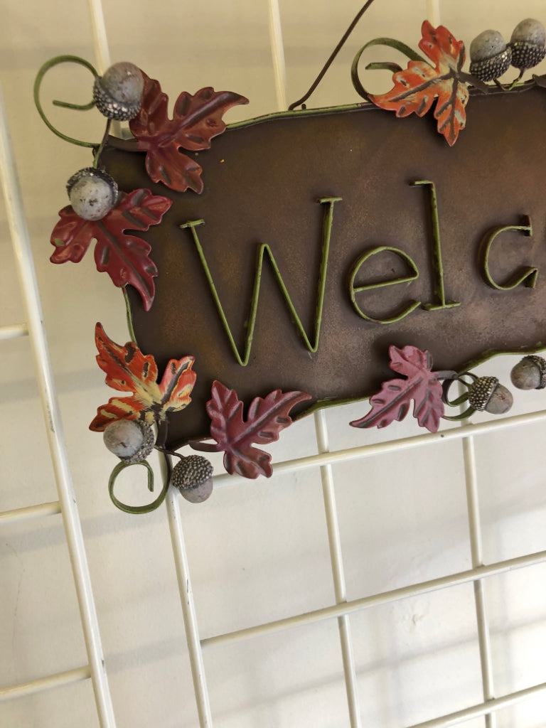 METAL "WELCOME" SIGN W ACORNS AND MAPLE LEAVES.