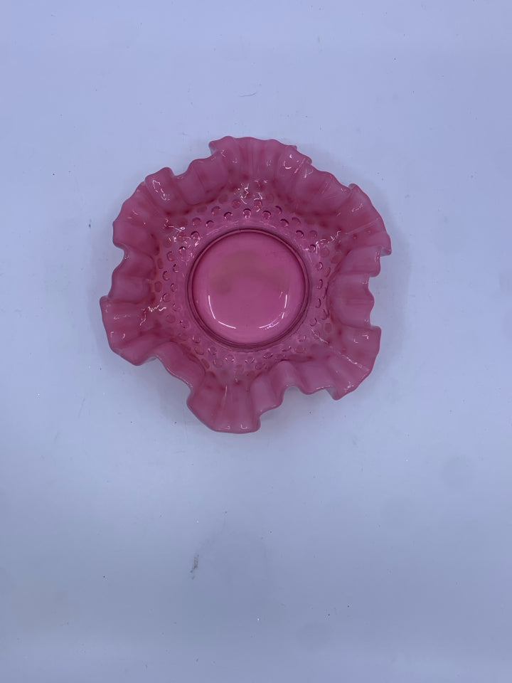 VTG PINK HOBNAIL GLASS W/ RUFFLED EDGE CANDLE PLATE.