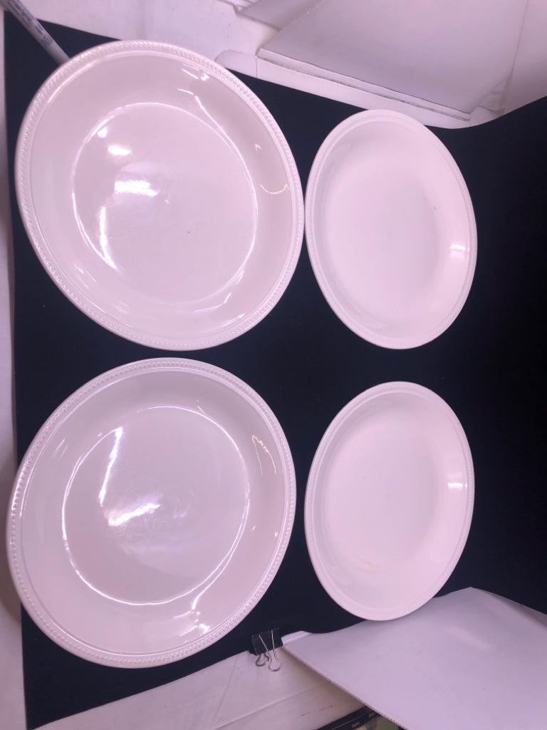 4 WHITE BEADED EDGE DINNER PLATES.