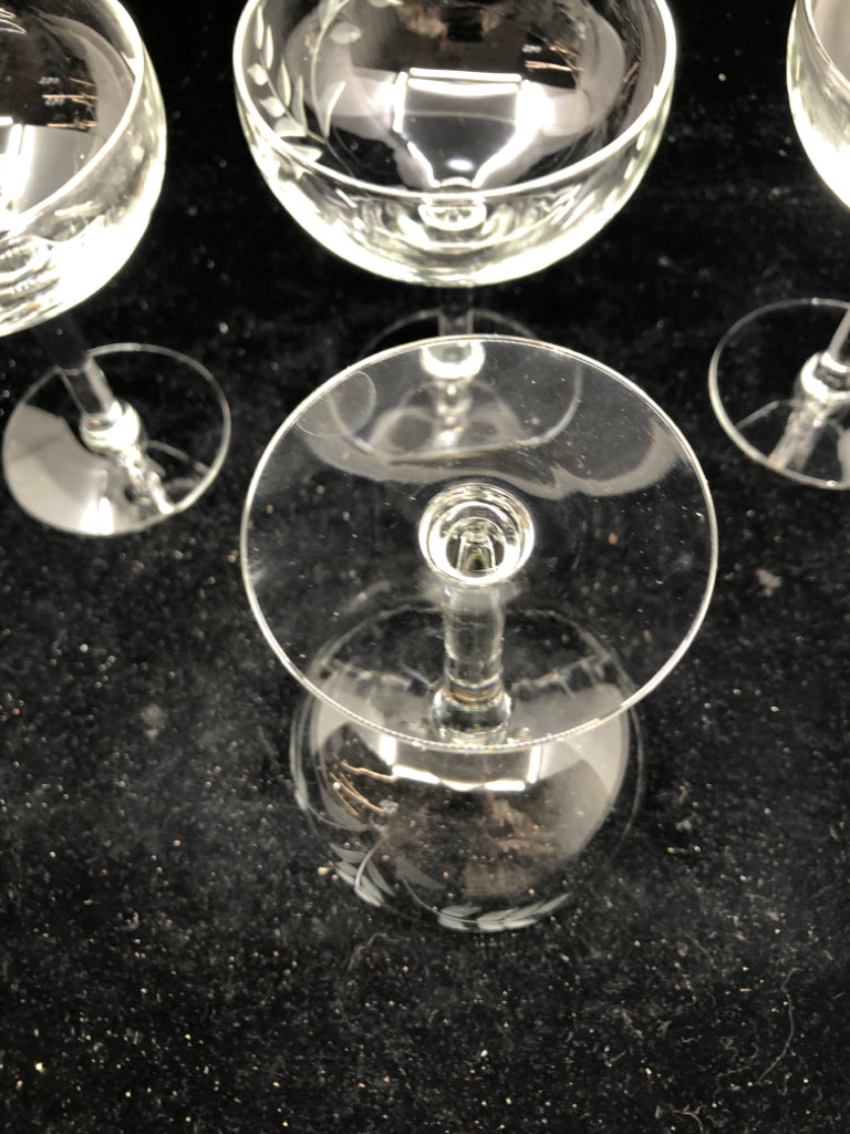 4 ETCHED SMALL WINE COUPE GLASSES.