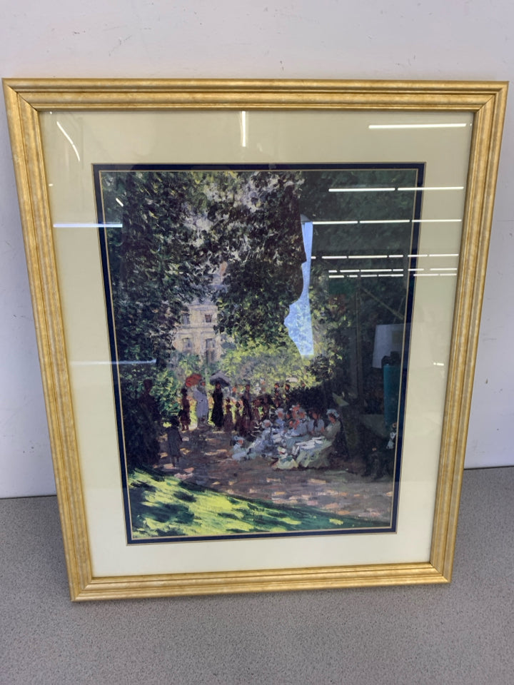 PEOPLE IN PARK PRINT IN GOLD FRAME WALL ART.
