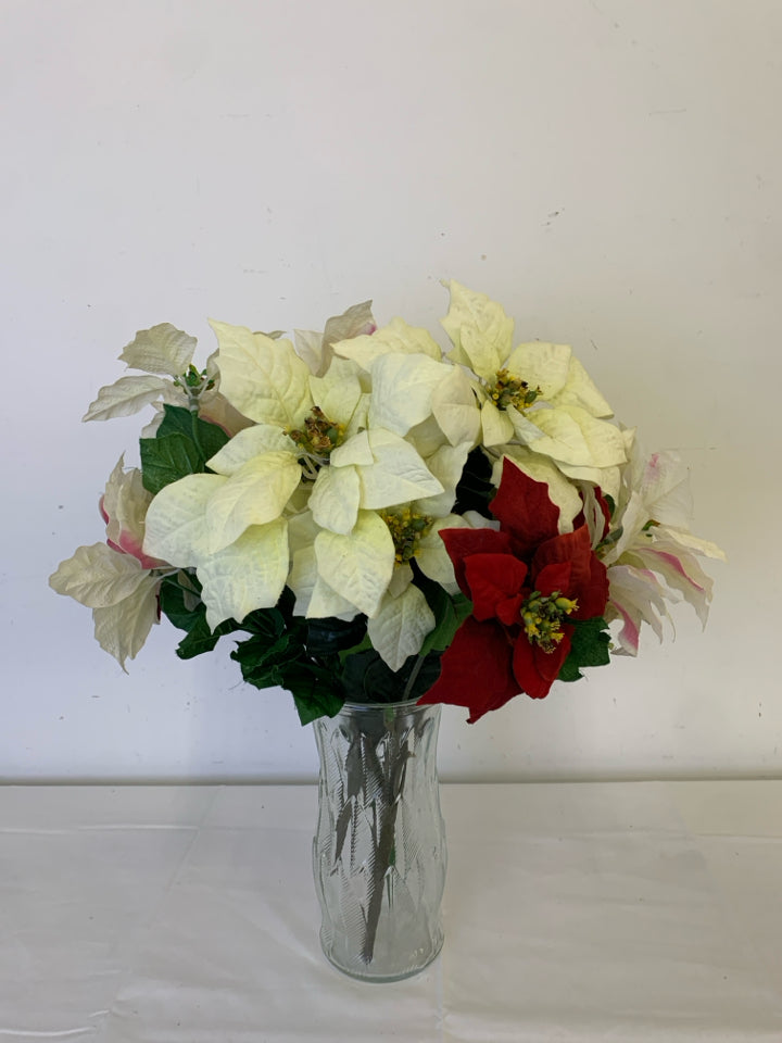 WHITE AND RED POINSETTIA ARRANGEMENT.