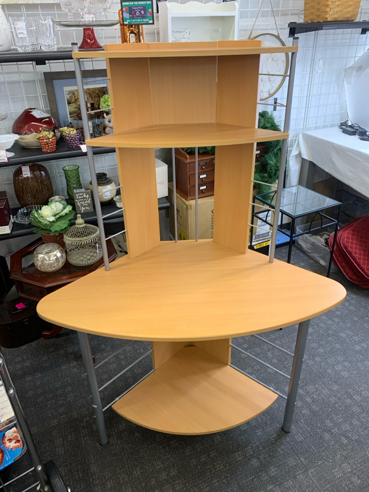 BLONDE CORNER DESK W 3 SHELVES.