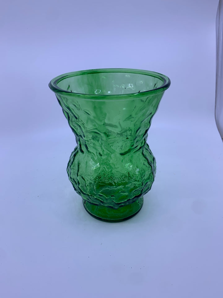 VTG FLORAL LARGE VASE FLARED TEXTURE GREEN GLASS.