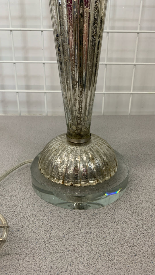 MERCURY GLASS BASE LAMP W/WHITE SHADE.