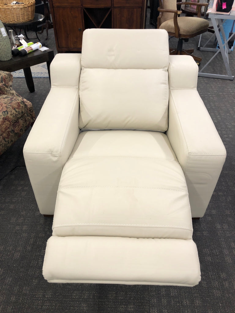 WHITE FAUX LEATHER RECLINER.