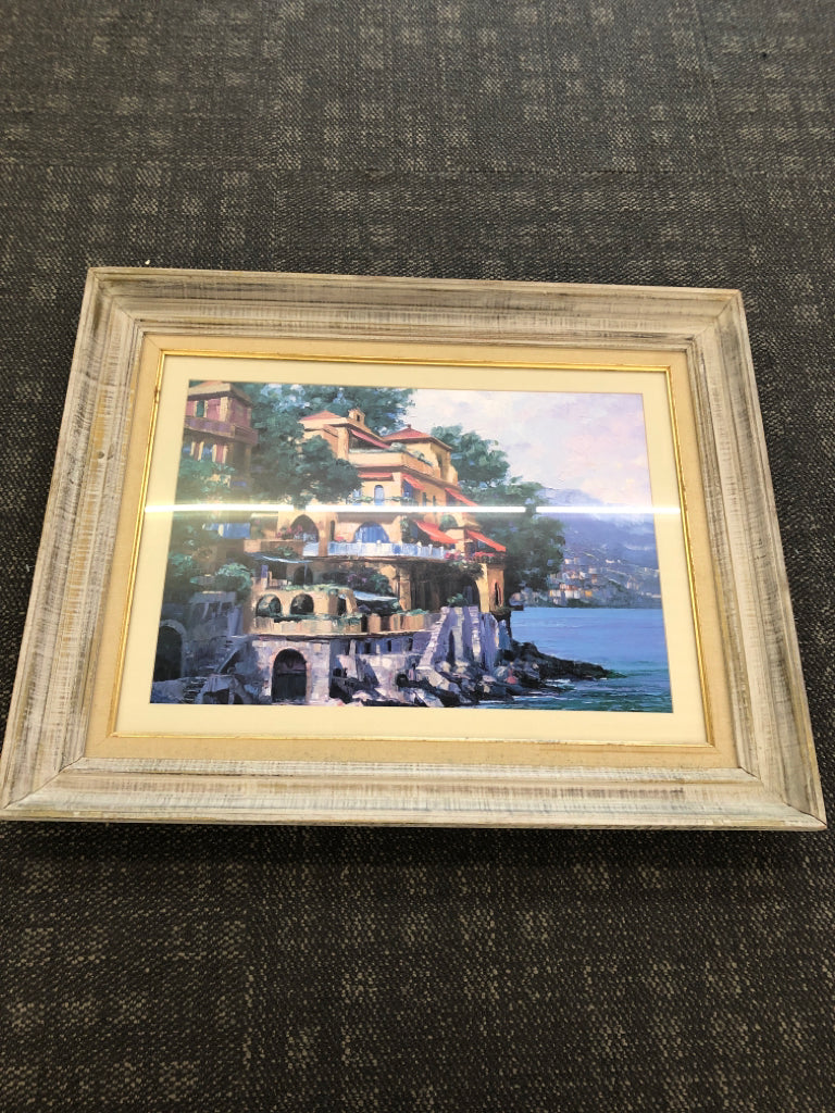 PAINTED HOUSE ON WATER, DISTRESSED WOOD FRAME.