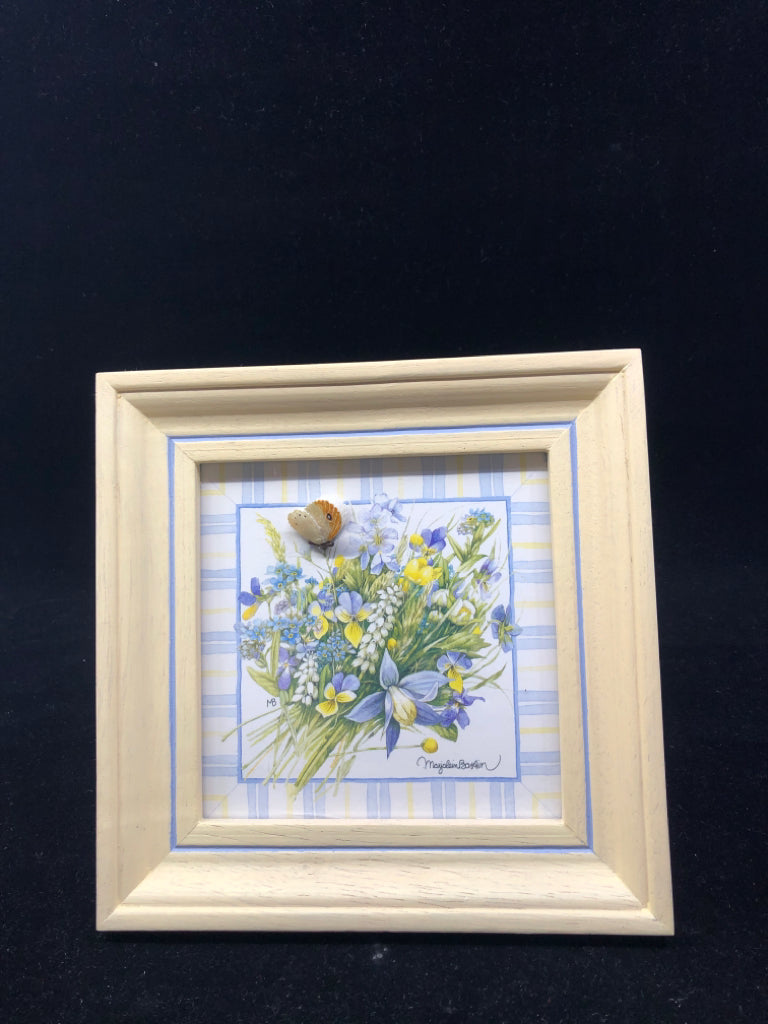 BLUE AND YELLOW FLORAL W BUTTERFLY IN CREAM FRAME WALL HANGING.