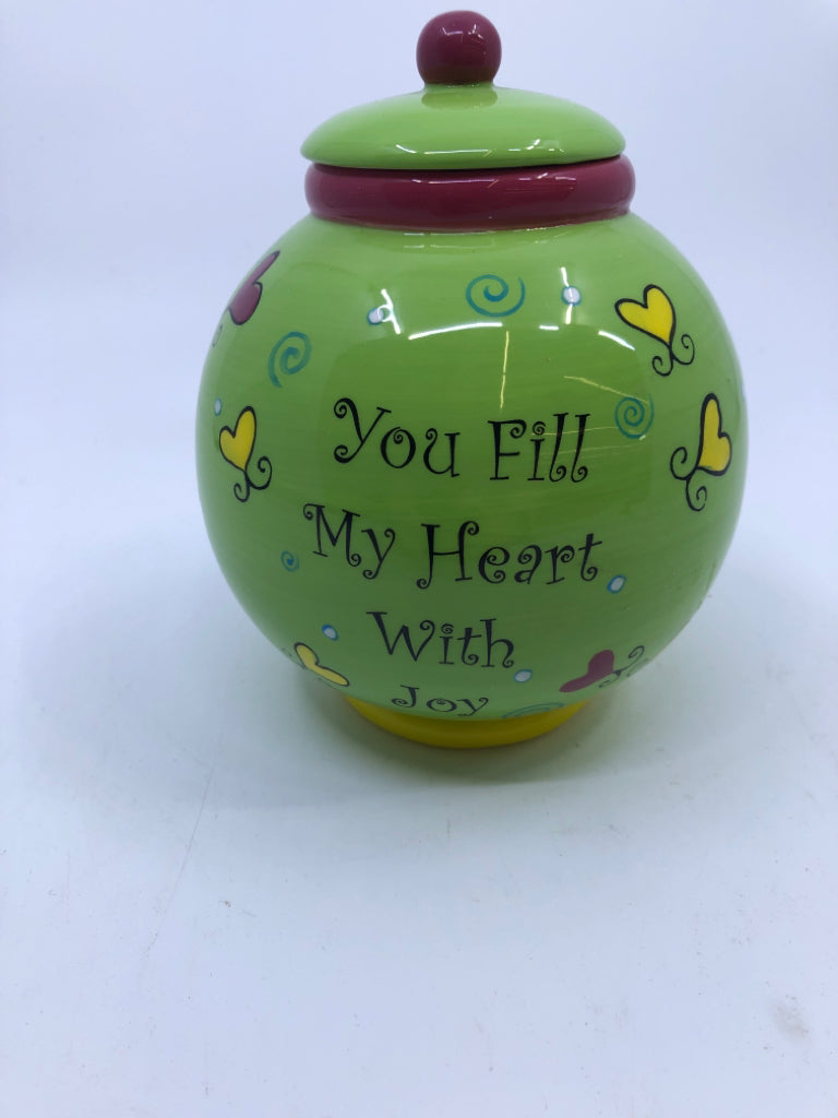 FILL MY HEART- GREEN PAINTED EMPTY JAR W/LID.