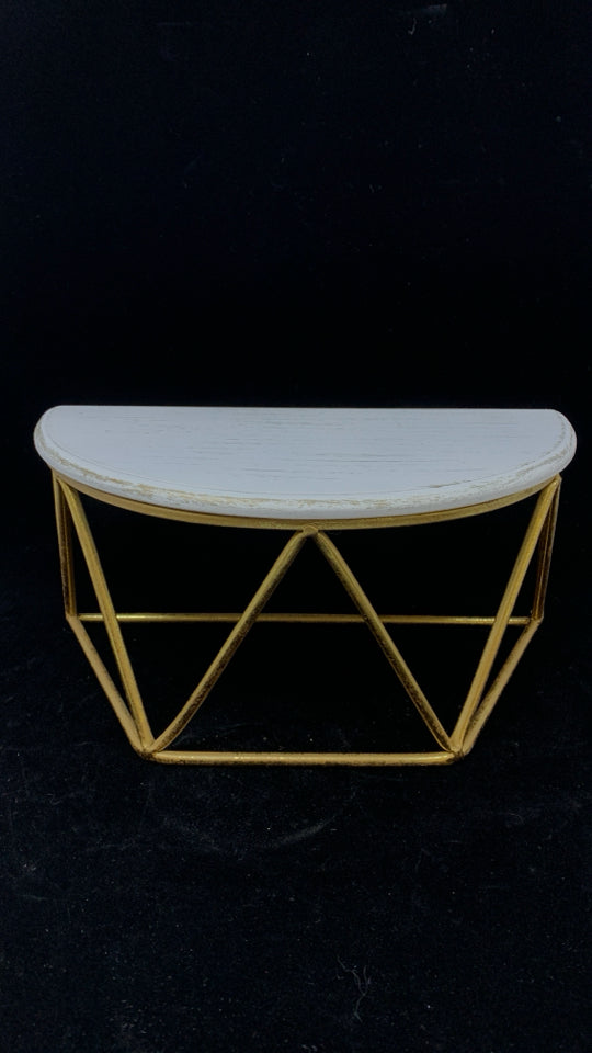 WHITE WOOD HALF CIRCLE SHELF W/GOLD BASE.