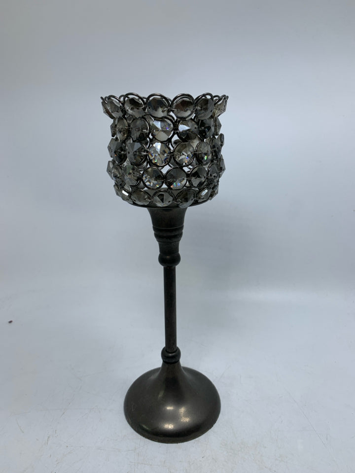 FOOTED METAL GREY JEWELED PILLAR CANDLE HOLDER.