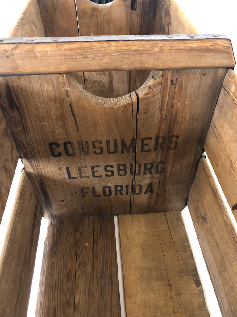 DARK WOOD AND METAL DIVIDED CRATE W HANDLES "SHIPLEY GROVES".