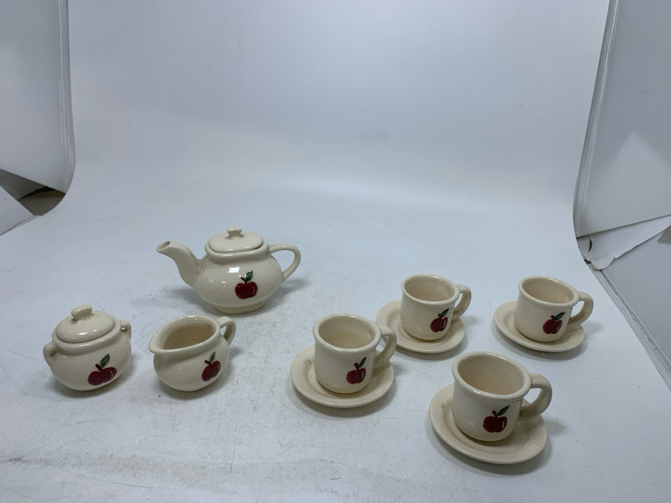 MINIATURE 13 PC TEA SET PAINTED APPLE DESIGN IN BAG.