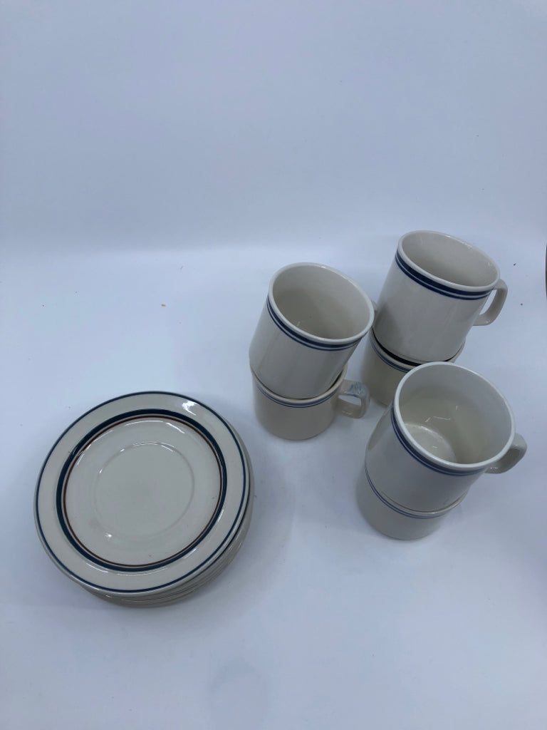 6 STONEWARE MUGS/SAUCERS.