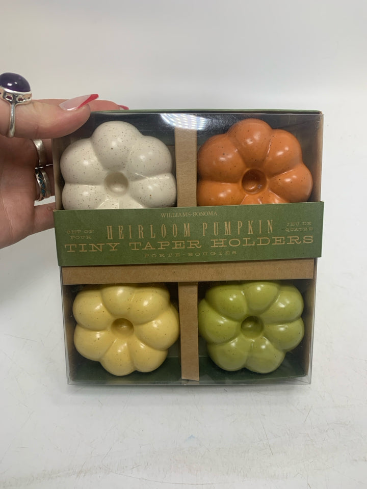 NIB WILLIAM SONOMA 4 ASSORTED HERLOOM PUMPKIN TINY TAPERED CANDLE HOLDERS.