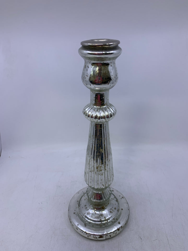 SILVER MERCURY GLASS TAPERED CANDLE HOLDER.