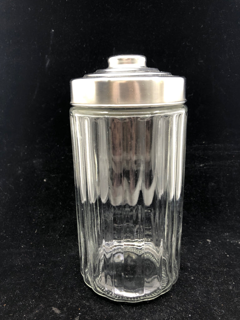 2 RIBBED GLASS CANISTER W SILVER TOP.