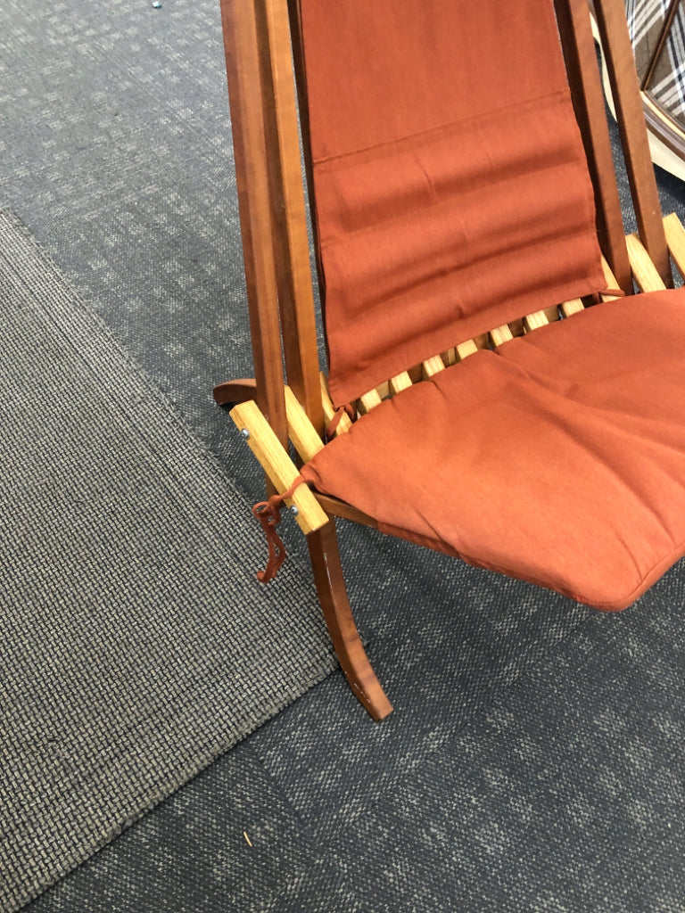 ARTISAN MADE TEAK WOOD FOLDABLE CHAIR W/ BURNT ORANGE CUSHIONS.