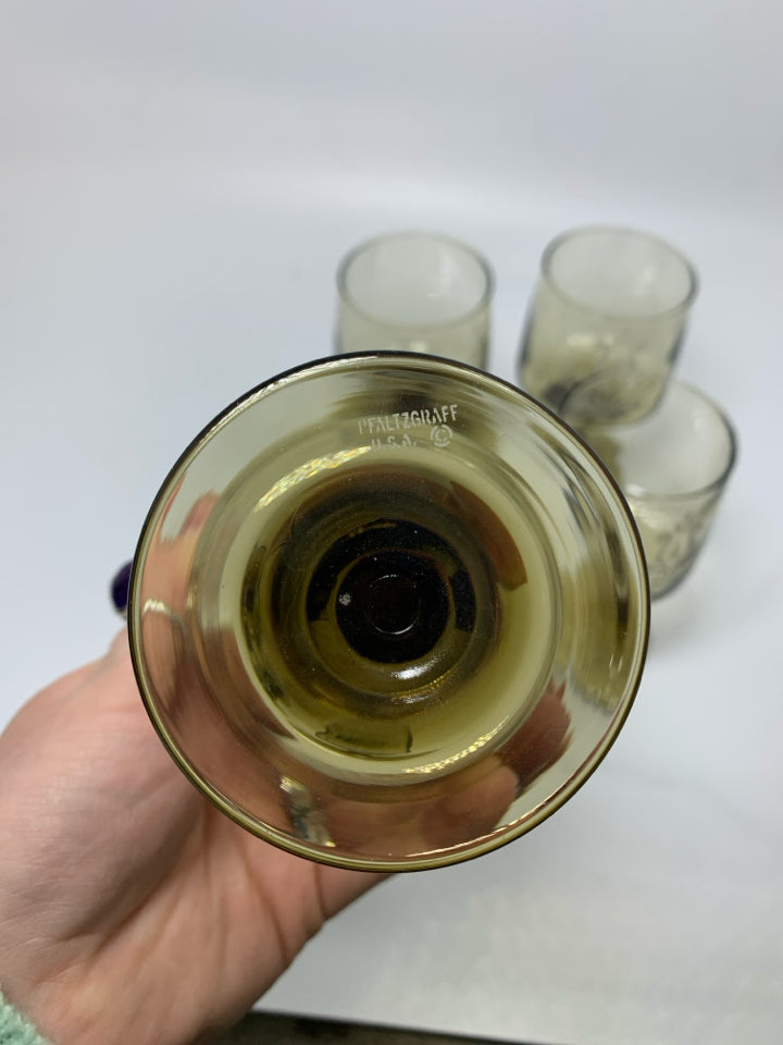 4 LIBBEY "VILLAGE" SMOKEY BROWN CORDIAL GLASSES.