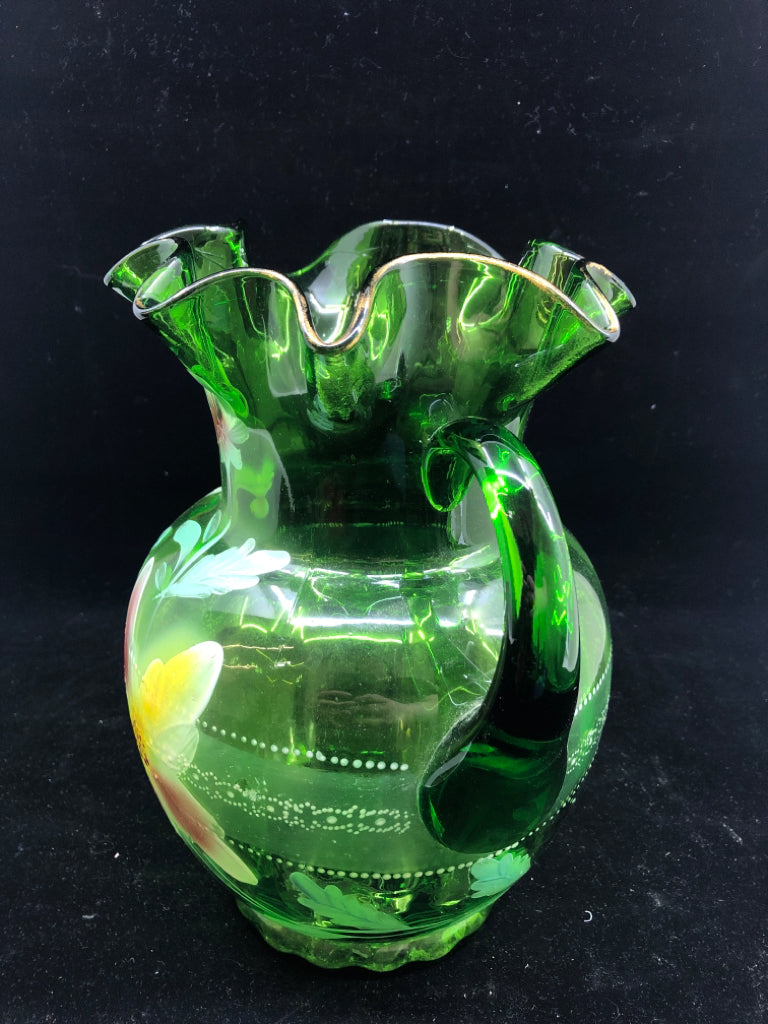 VTG GREEN GLASS PITCHER W PINK AND YELLOW FLROAL.