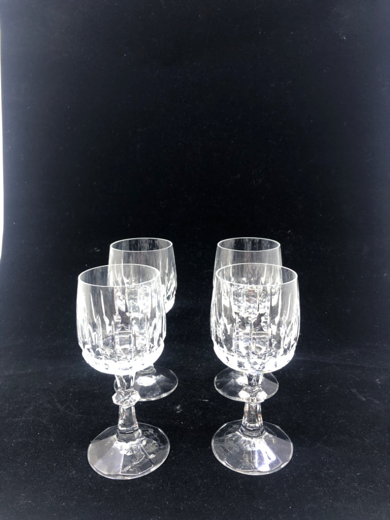 4 CRYSTAL CUT GLASS WINE GLASSES.