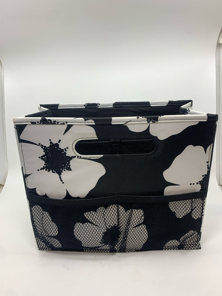 BLACK W/WHITE FLOWERS FABRIC MAGAZINE BIN.