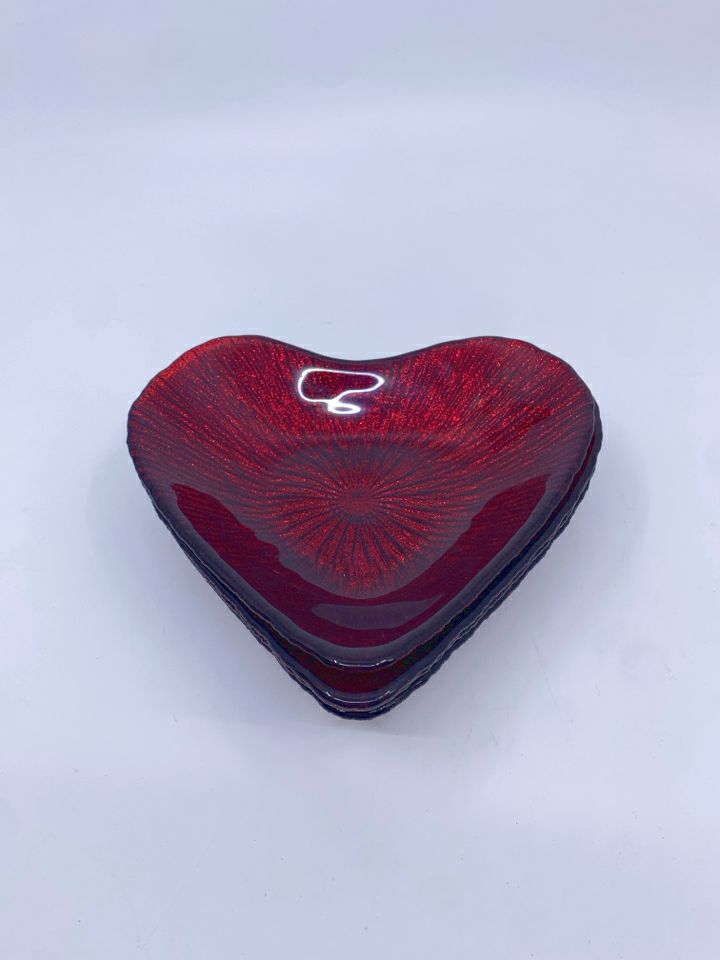 4 DARK RED SPARKLES HEART SHAPED BOWLS.