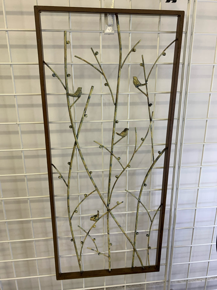 BIRDS ON BRANCHES METAL WALL HANGING W/DISTRESSED YELLOW PAINT.