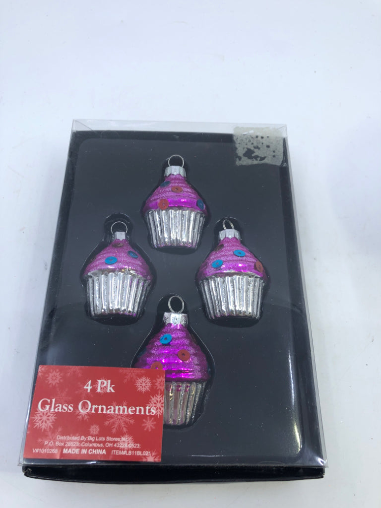 NIP 4 GLASS PURPLE CUPCAKE ORNAMENTS.