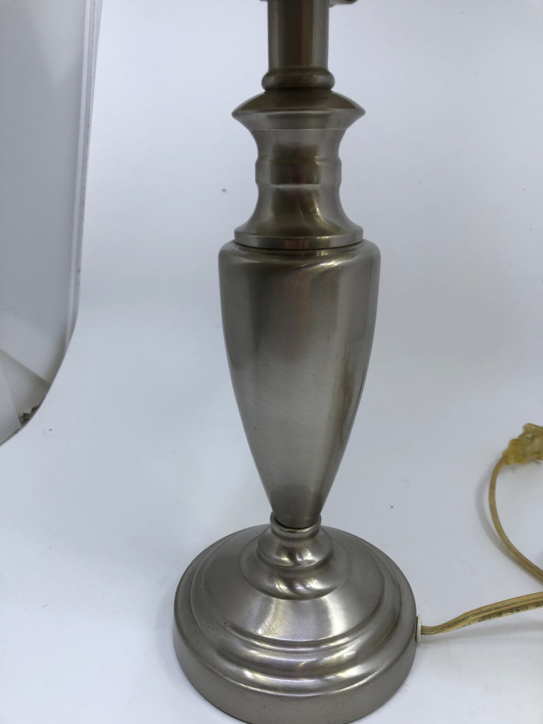 SILVER BASE LAMP W BROWN SHADE.