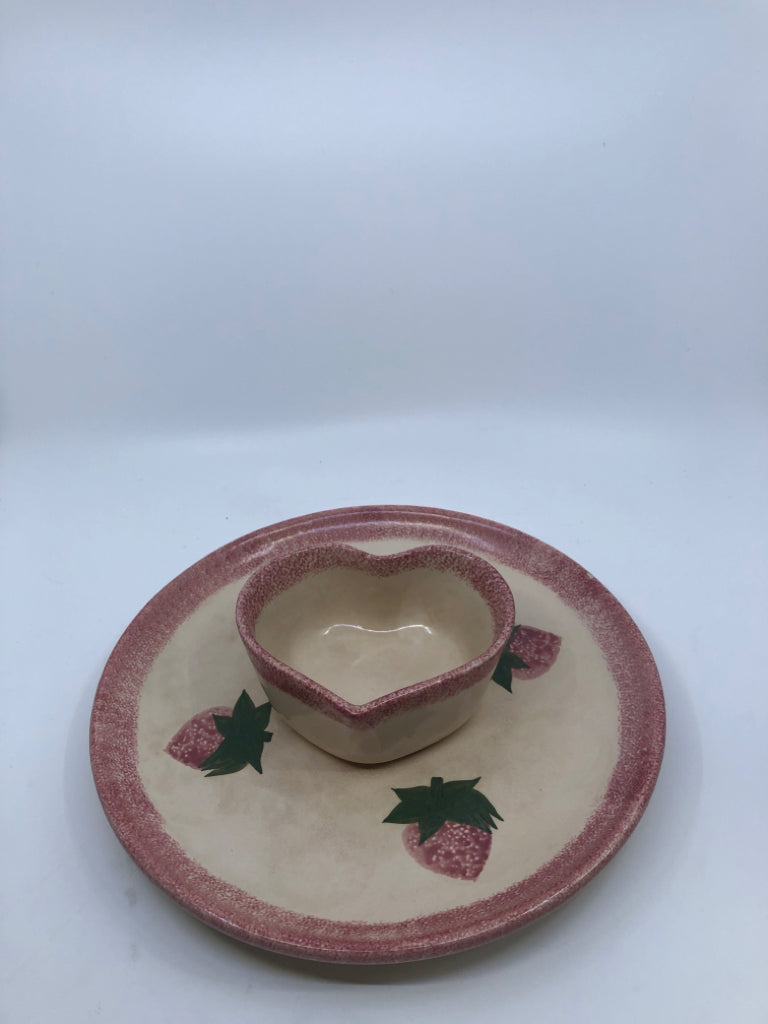 2PC PINK SPONGE STRAWBERRY PATTERN STONEWARE CHIP AND DIP SET.